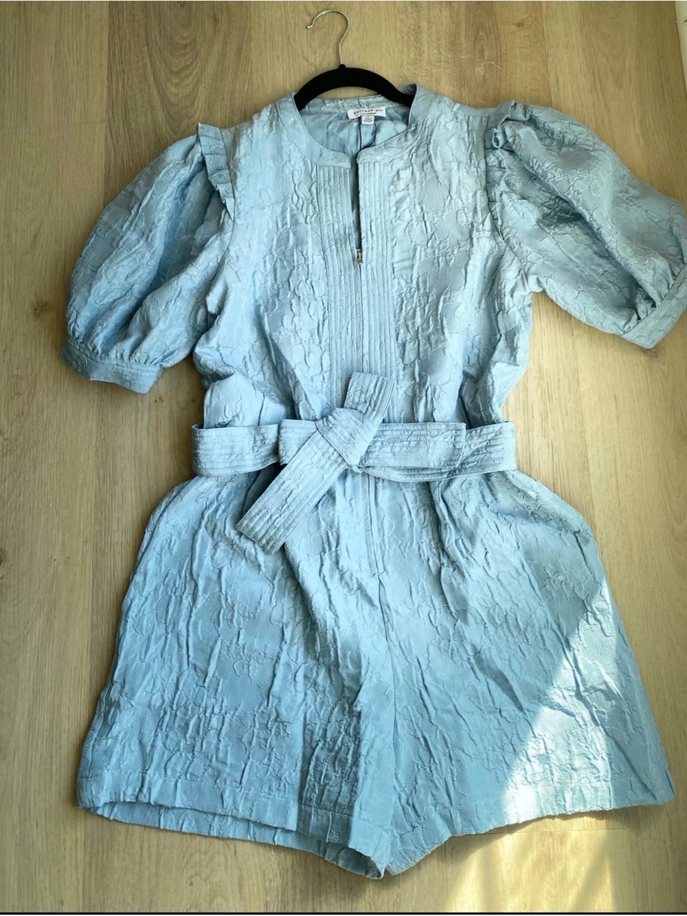 Current Air Light Blue Textured Short Romper with Belt
